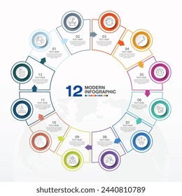 Plantilla de infografía de círculo básico con 12 pasos, proceso u opciones, diagrama de proceso, Utilizado para diagrama de proceso, presentaciones, diseño de flujo de trabajo, diagrama de flujo, infografía. Ilustración del vector eps10.