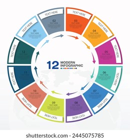 Basic circle infographic template with 12 steps, process or options, process chart, Used for process diagram, presentations, workflow layout, flow chart, infograph. Vector eps10 illustration.