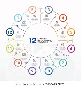 Basic circle infographic template with 12 steps, process or options, process chart, Used for process diagram, presentations, workflow layout, flow chart, infograph. Vector eps10 illustration.