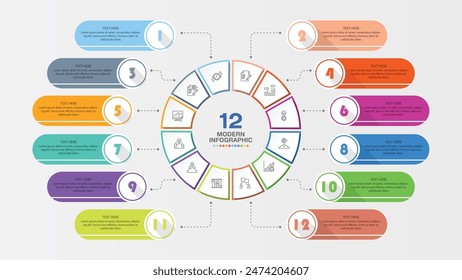 Basic circle infographic template with 12 steps, process or options, process chart, Used for process diagram, presentations, workflow layout, flow chart, infograph. Vector eps10 illustration.