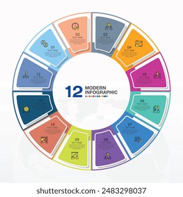 Basic circle infographic template with 12 steps, process or options, process chart, Used for process diagram, presentations, workflow layout, flow chart, infograph. Vector eps10 illustration.