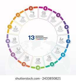 Basic circle infographic template with 13 steps, process or options, process chart, Used for process diagram, presentations, workflow layout, flow chart, infograph. Vector eps10 illustration.