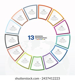 Basic circle infographic template with 13 steps, process or options, process chart, Used for process diagram, presentations, workflow layout, flow chart, infograph. Vector eps10 illustration.