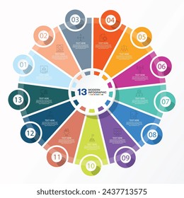 Basic circle infographic template with 13 steps, process or options, process chart, Used for process diagram, presentations, workflow layout, flow chart, infograph. Vector eps10 illustration.