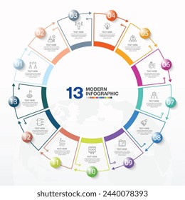 Basic circle infographic template with 13 steps, process or options, process chart, Used for process diagram, presentations, workflow layout, flow chart, infograph. Vector eps10 illustration.