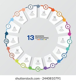 Basic circle infographic template with 13 steps, process or options, process chart, Used for process diagram, presentations, workflow layout, flow chart, infograph. Vector eps10 illustration.