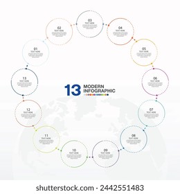 Basic circle infographic template with 13 steps, process or options, process chart, Used for process diagram, presentations, workflow layout, flow chart, infograph. Vector eps10 illustration.