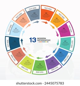 Basic circle infographic template with 13 steps, process or options, process chart, Used for process diagram, presentations, workflow layout, flow chart, infograph. Vector eps10 illustration.