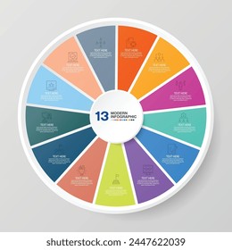 Basic circle infographic template with 13 steps, process or options, process chart, Used for process diagram, presentations, workflow layout, flow chart, infograph. Vector eps10 illustration.