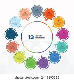 Basic circle infographic template with 13 steps, process or options, process chart, Used for process diagram, presentations, workflow layout, flow chart, infograph. Vector eps10 illustration.