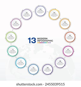 Basic circle infographic template with 13 steps, process or options, process chart, Used for process diagram, presentations, workflow layout, flow chart, infograph. Vector eps10 illustration.