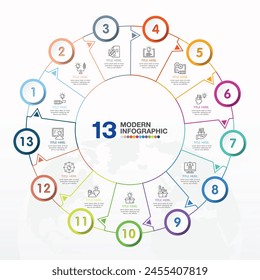 Basic circle infographic template with 13 steps, process or options, process chart, Used for process diagram, presentations, workflow layout, flow chart, infograph. Vector eps10 illustration.