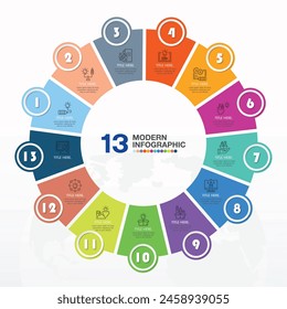 Basic circle infographic template with 13 steps, process or options, process chart, Used for process diagram, presentations, workflow layout, flow chart, infograph. Vector eps10 illustration.