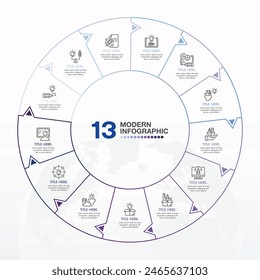 Basic circle infographic template with 13 steps, process or options, process chart, Used for process diagram, presentations, workflow layout, flow chart, infograph. Vector eps10 illustration.