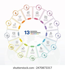 Basic circle infographic template with 13 steps, process or options, process chart, Used for process diagram, presentations, workflow layout, flow chart, infograph. Vector eps10 illustration.