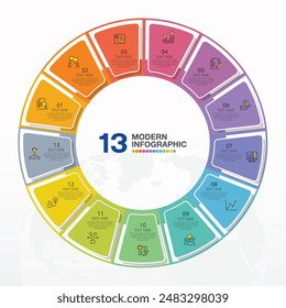 Basic circle infographic template with 13 steps, process or options, process chart, Used for process diagram, presentations, workflow layout, flow chart, infograph. Vector eps10 illustration.