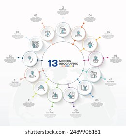 Basic circle infographic template with 13 steps, process or options, process chart, Used for process diagram, presentations, workflow layout, flow chart, infograph. Vector eps10 illustration.