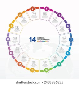 Basic circle infographic template with 14 steps, process or options, process chart, Used for process diagram, presentations, workflow layout, flow chart, infograph.