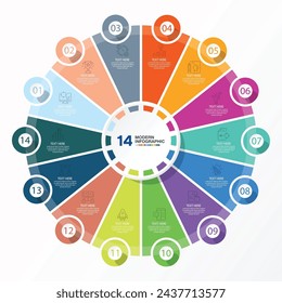 Basic circle infographic template with 14 steps, process or options, process chart, Used for process diagram, presentations, workflow layout, flow chart, infograph. Vector eps10 illustration.