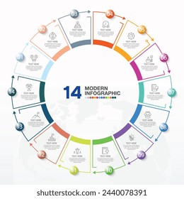 Basic circle infographic template with 14 steps, process or options, process chart, Used for process diagram, presentations, workflow layout, flow chart, infograph. Vector eps10 illustration.