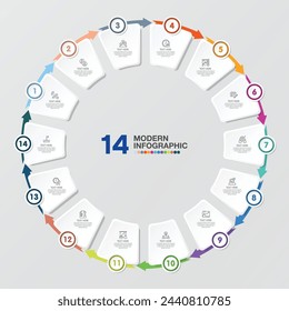 Basic circle infographic template with 14 steps, process or options, process chart, Used for process diagram, presentations, workflow layout, flow chart, infograph. Vector eps10 illustration.