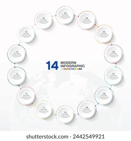 Basic circle infographic template with 14 steps, process or options, process chart, Used for process diagram, presentations, workflow layout, flow chart, infograph. Vector eps10 illustration.