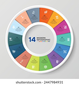 Basic circle infographic template with 14 steps, process or options, process chart, Used for process diagram, presentations, workflow layout, flow chart, infograph. Vector eps10 illustration.