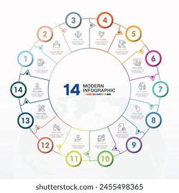 Basic circle infographic template with 14 steps, process or options, process chart, Used for process diagram, presentations, workflow layout, flow chart, infograph. Vector eps10 illustration.