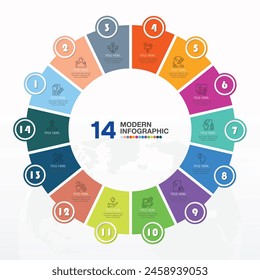 Plantilla infográfica Básica circular con 14 pasos, proceso u opciones, diagrama de proceso, utilizada para diagrama de proceso, presentaciones, diseño de flujo de trabajo, diagrama de flujo, infografía. ilustración del Vector eps10.