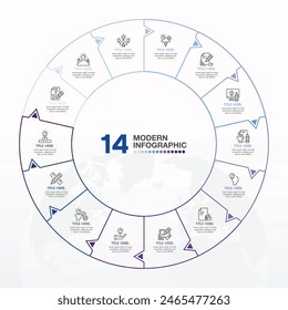 Basic circle infographic template with 14 steps, process or options, process chart, Used for process diagram, presentations, workflow layout, flow chart, infograph. Vector eps10 illustration.