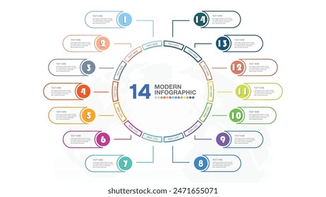 Plantilla infográfica Básica circular con 14 pasos, proceso u opciones, diagrama de proceso, utilizada para diagrama de proceso, presentaciones, diseño de flujo de trabajo, diagrama de flujo, infografía. ilustración del Vector eps10.