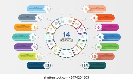 Basic circle infographic template with 14 steps, process or options, process chart, Used for process diagram, presentations, workflow layout, flow chart, infograph. Vector eps10 illustration.