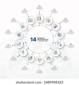 Plantilla infográfica Básica circular con 14 pasos, proceso u opciones, diagrama de proceso, utilizada para diagrama de proceso, presentaciones, diseño de flujo de trabajo, diagrama de flujo, infografía. ilustración del Vector eps10.