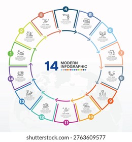 Basic circle infographic template with 14 steps, process or options, process chart, Used for process diagram, presentations, workflow layout, flow chart, infograph. Vector eps10 illustration.