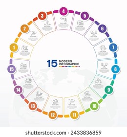 Plantilla de infografía de círculo básico con 15 pasos, proceso u opciones, diagrama de proceso, Utilizado para diagrama de proceso, presentaciones, diseño de flujo de trabajo, diagrama de flujo, infografía.