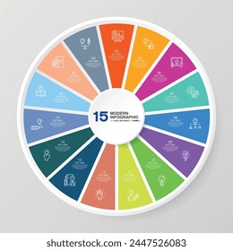 Basic circle infographic template with 15 steps, process or options, process chart, Used for process diagram, presentations, workflow layout, flow chart, infograph. Vector eps10 illustration.