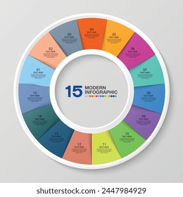 Basis Kreis Infografik Vorlage mit 15 Stufen, Prozess oder Optionen, Prozessdiagramm, Verwendet für Prozessdiagramm, Präsentationen, Workflow Layout, Flussdiagramm, Infograph. Vektorgrafik EPS10 Abbildung.