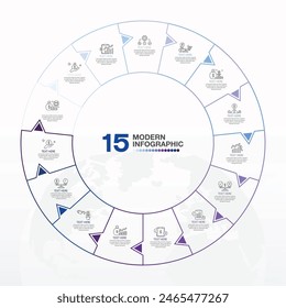 Plantilla infográfica Básica circular con 15 pasos, proceso u opciones, diagrama de proceso, utilizada para diagrama de proceso, presentaciones, diseño de flujo de trabajo, diagrama de flujo, infografía. ilustración del Vector eps10.