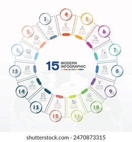 Basic circle infographic template with 15 steps, process or options, process chart, Used for process diagram, presentations, workflow layout, flow chart, infograph. Vector eps10 illustration.