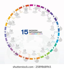 Basic circle infographic template with 15 steps, process or options, process chart, Used for process diagram, presentations, workflow layout, flow chart, infograph.