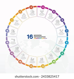 Basic circle infographic template with 16 steps, process or options, process chart, Used for process diagram, presentations, workflow layout, flow chart, infograph.