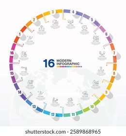 Basic circle infographic template with 16 steps, process or options, process chart, Used for presentations.