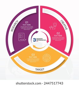 Basic circle infographic template with 3 steps, process or options, process chart, Used for process diagram, presentations, workflow layout, flow chart, infograph. Vector eps10 illustration.