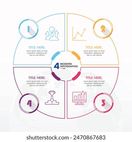 Basis Kreis Infografik Vorlage mit 4 Stufen, Prozess oder Optionen, Prozessdiagramm, Verwendet für Prozessdiagramm, Präsentationen, Workflow Layout, Flussdiagramm, Infograph. Vektorgrafik EPS10 Abbildung.