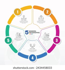 Plantilla de infografía de círculo básico con 5 pasos, proceso u opciones, diagrama de proceso, Utilizado para diagrama de proceso, presentaciones, diseño de flujo de trabajo, diagrama de flujo, infografía.