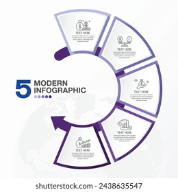 Basic circle infographic template with 5 steps, process or options, process chart, Used for process diagram, presentations, workflow layout, flow chart, infograph. Vector eps10 illustration.