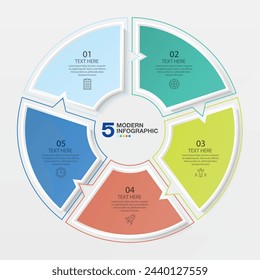 Plantilla de infografía de círculo básico con 5 pasos, proceso u opciones, diagrama de proceso, Utilizado para diagrama de proceso, presentaciones, diseño de flujo de trabajo, diagrama de flujo, infografía. Ilustración del vector eps10.