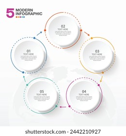 Plantilla de infografía de círculo básico con 5 pasos, proceso u opciones, diagrama de proceso, Utilizado para diagrama de proceso, presentaciones, diseño de flujo de trabajo, diagrama de flujo, infografía. Ilustración del vector eps10.