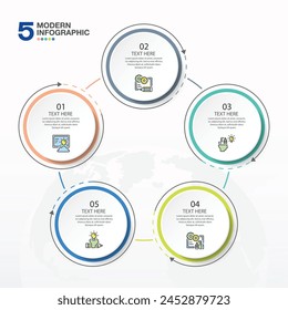 Basic circle infographic template with 5 steps, process or options, process chart, Used for process diagram, presentations, workflow layout, flow chart, infograph. Vector eps10 illustration.