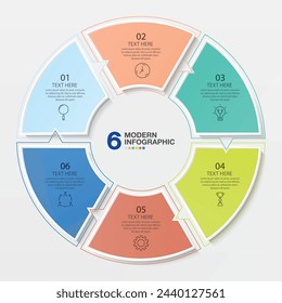 Basic circle infographic template with 6 steps, process or options, process chart, Used for process diagram, presentations, workflow layout, flow chart, infograph. Vector eps10 illustration.